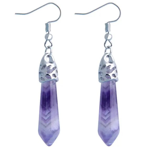Amethyst Natural Stone Gemstone Hexagon Point Healing Stone Dangle Earrings - Picture 2 of 2